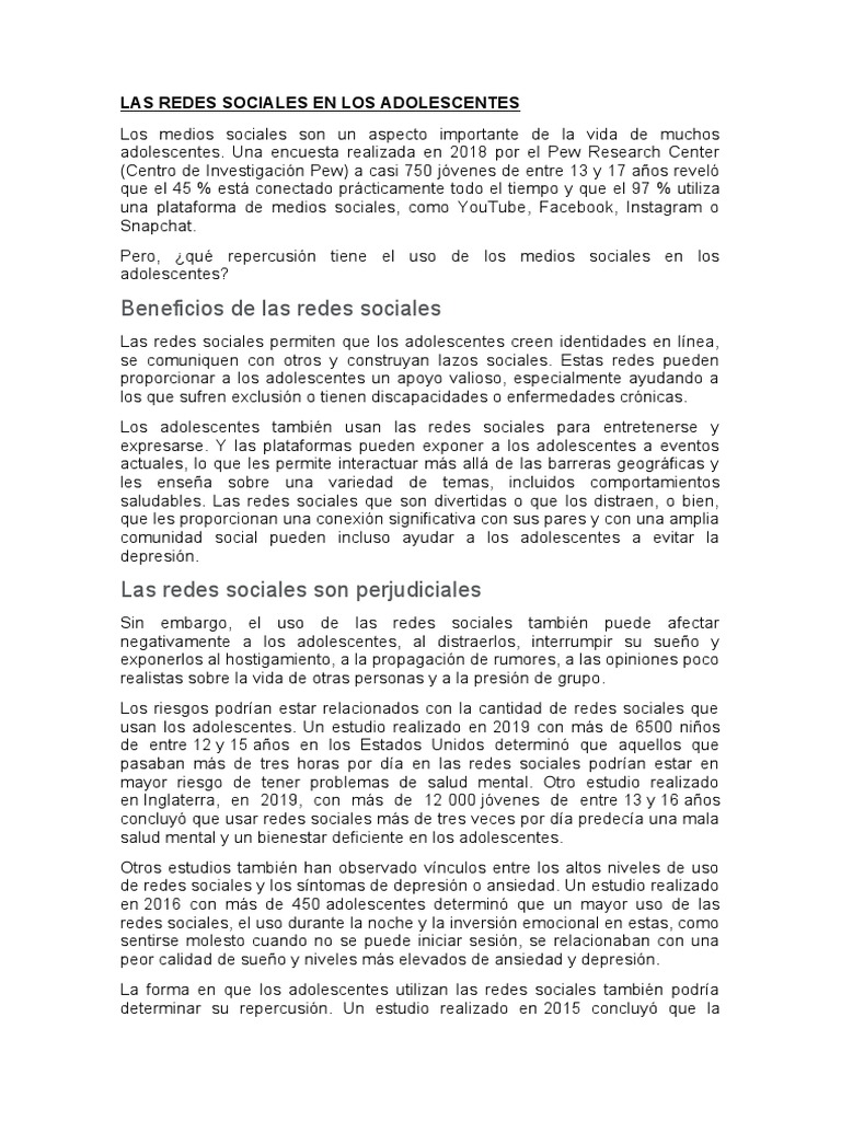 Impacto de las Redes Sociales en Adolescentes | PDF | Depresión (estado ...