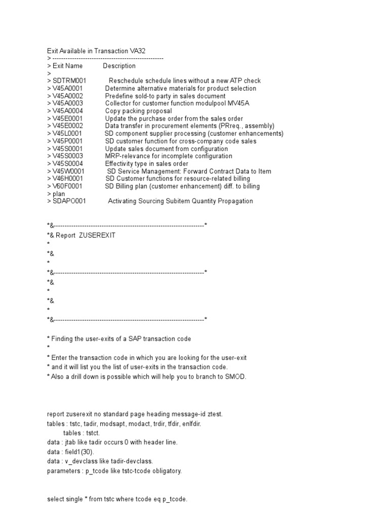 User Exits for VA32 Transaction in SAP | PDF | Software Engineering ...