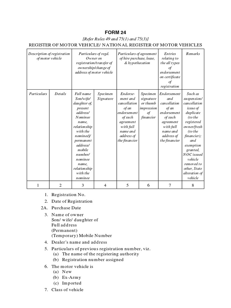 Form 24: Vehicle Registration Details | PDF | Axle | Automotive ...