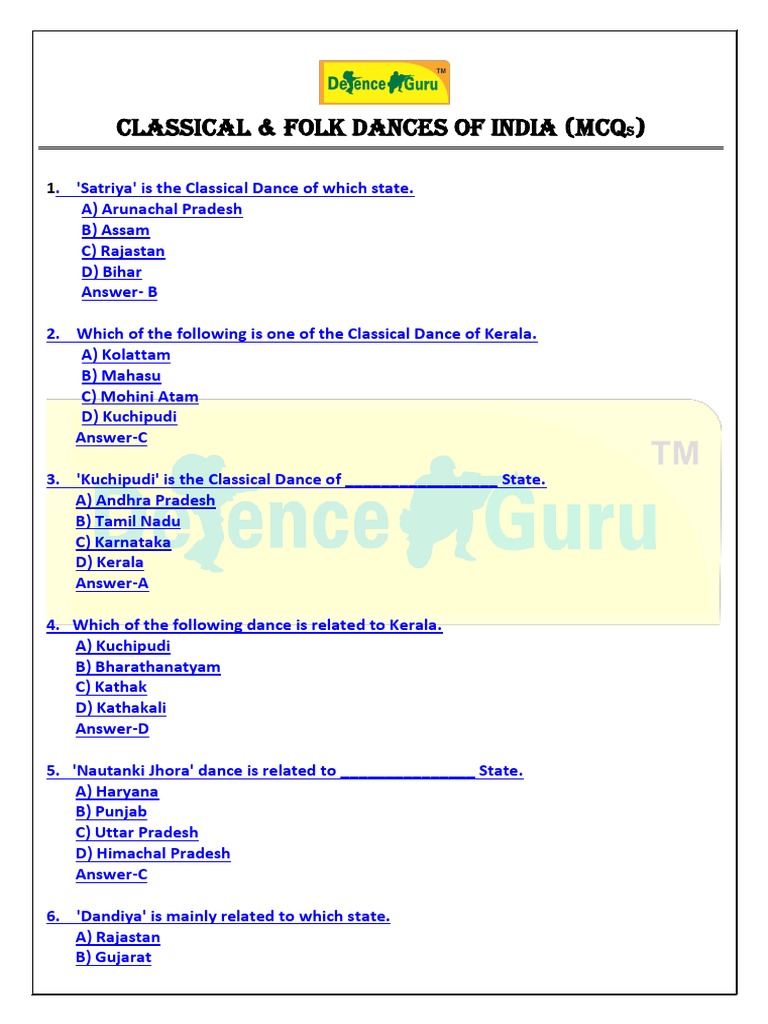 Indian Classical and Folk Dance MCQs | PDF | Dances | Theatre