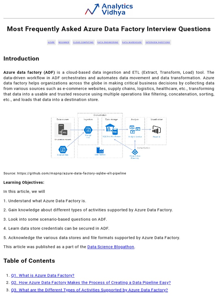 Most Frequently Asked Azure Data Factory Interview Questions | PDF ...