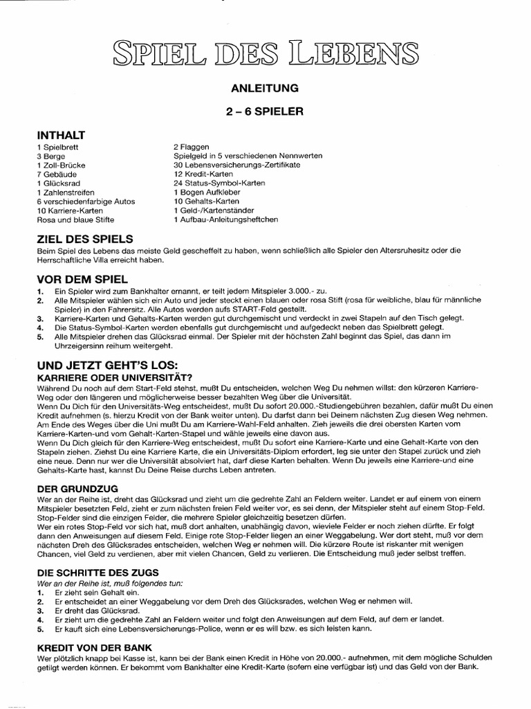 Spiel Des Lebens Spielanleitung Pdf