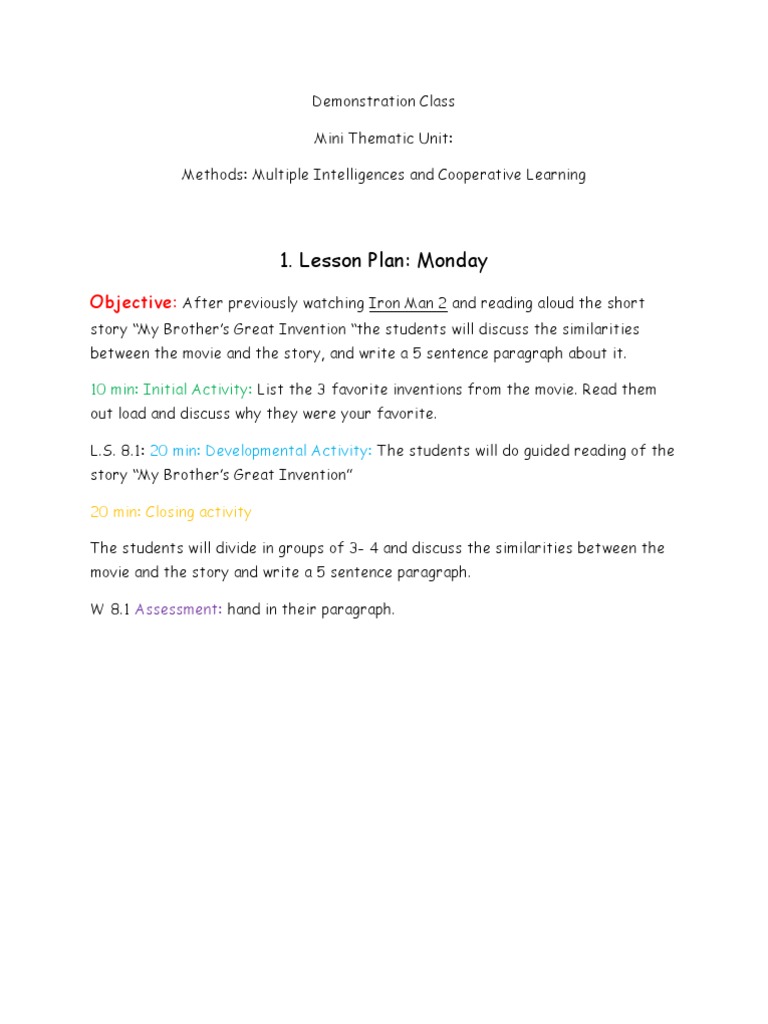 Lesson Plan: Monday: Objective | PDF | Lesson Plan | Education Theory