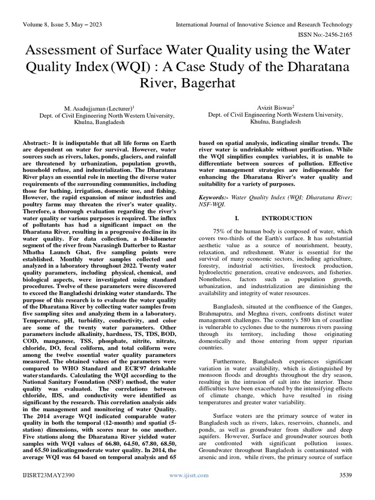 Assessment of Surface Water Quality Using The Water Quality Index (WQI