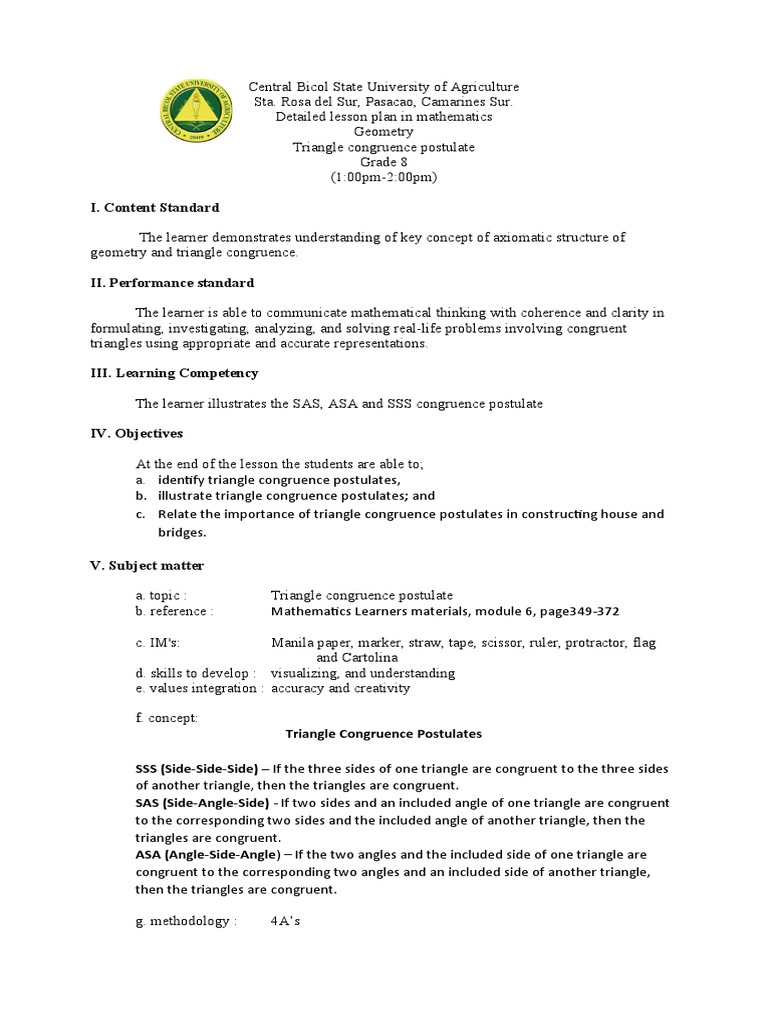 Grade 8 Triangle Congruence Lesson Plan | PDF | Geometry | Elementary ...