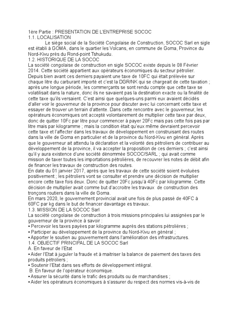Présentation de SOCOC Sarl à Goma | PDF | Route | Transport