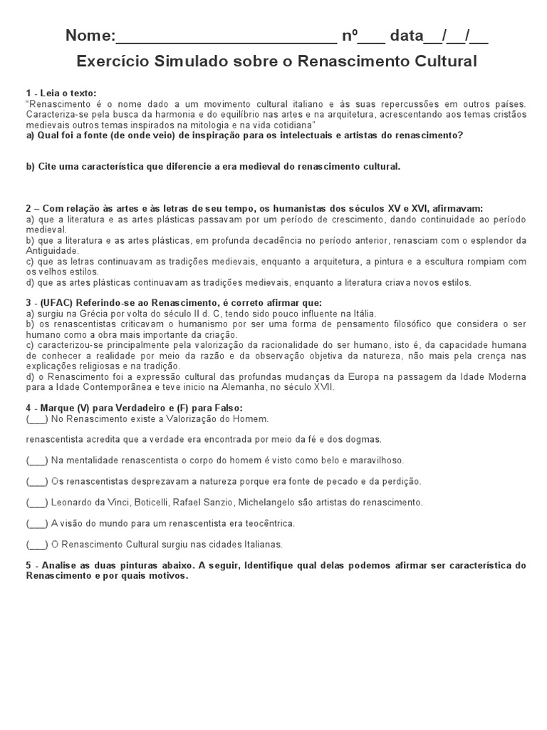 Exercícios sobre o Renascimento Cultural | PDF | Renascimento ...