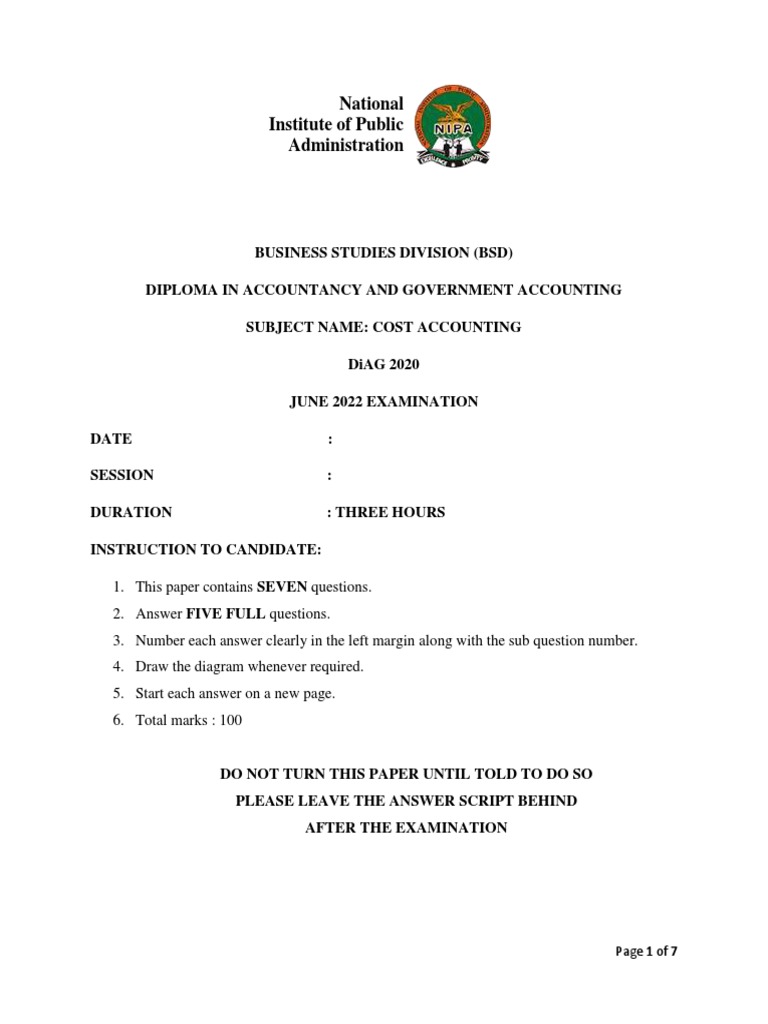 Cost Accounting June 2022 Exam Paper | PDF | Financial Accounting ...