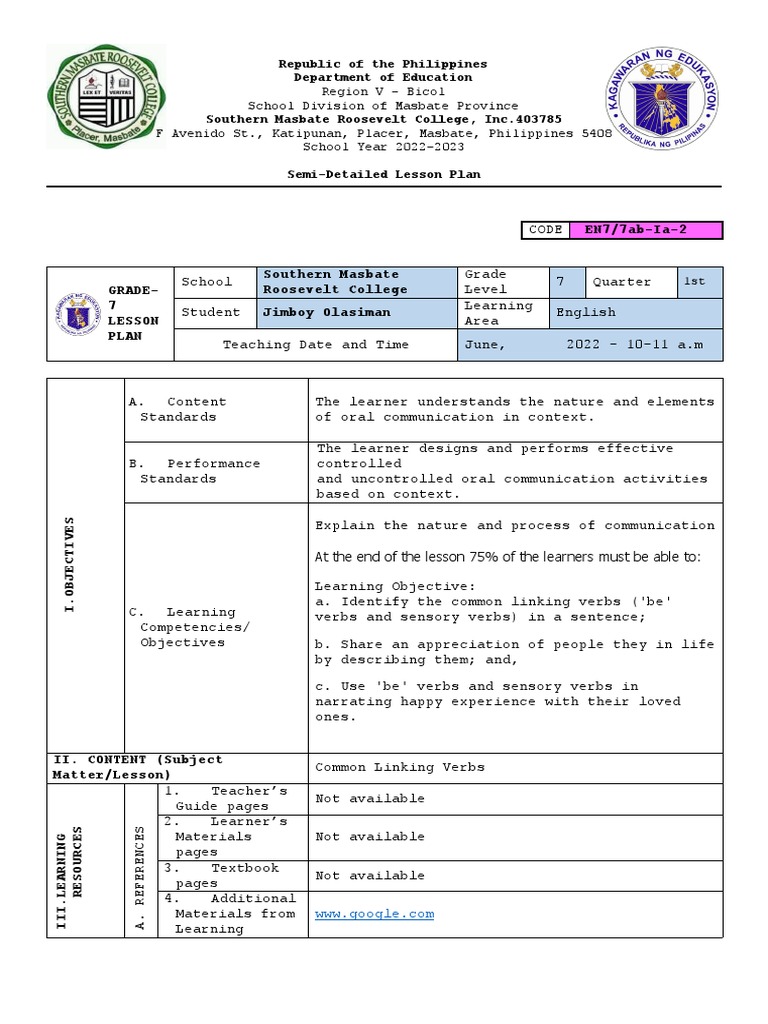 Lesson Plan. Jimboy Lumaban Ka Sa Buhay! | PDF | Subject (Grammar) | Verb