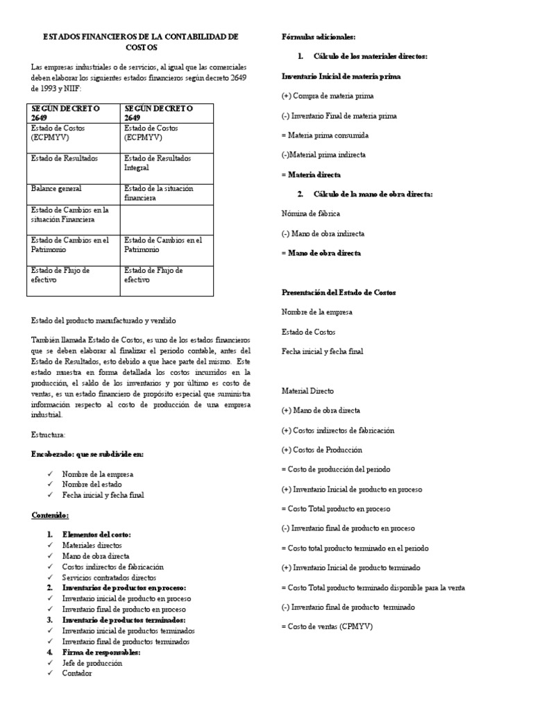 Estados Financieros de La Contabilidad de Costos | PDF | Estado ...