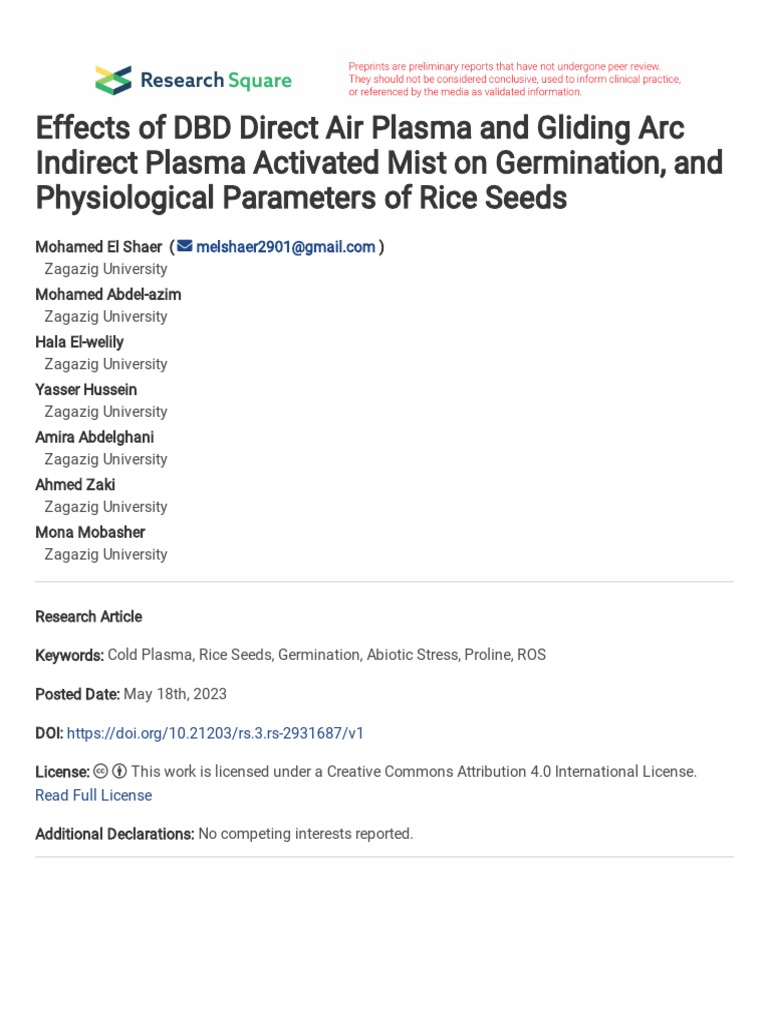 Plasma Effects on Rice Seed Germination | PDF | Reactive Oxygen Species ...