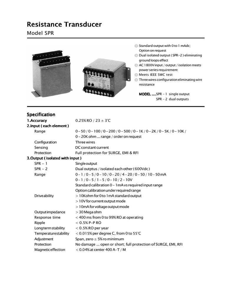 SPR Model Resistance Transducer Overview | PDF | Electrical Resistance ...