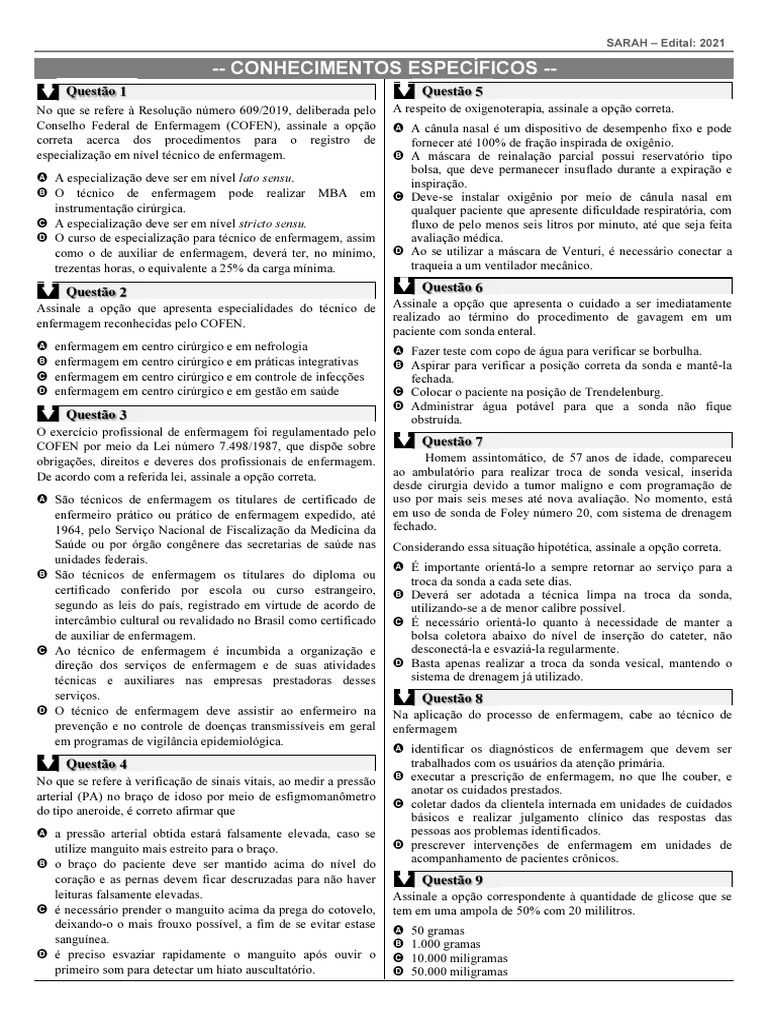 Provas Anteriores Rede Sarah - Enfermagem | PDF | Enfermagem | Infecção