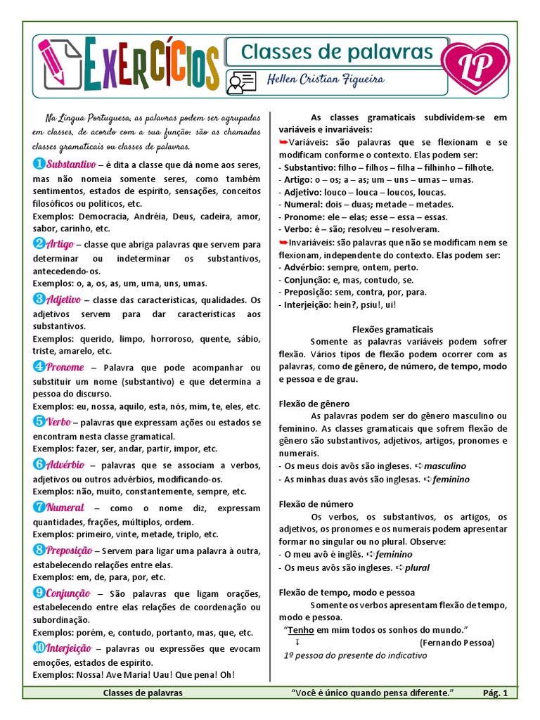 Classes - de - Palavras - Resuminho - + - Exercícios-8º Ano | PDF ...