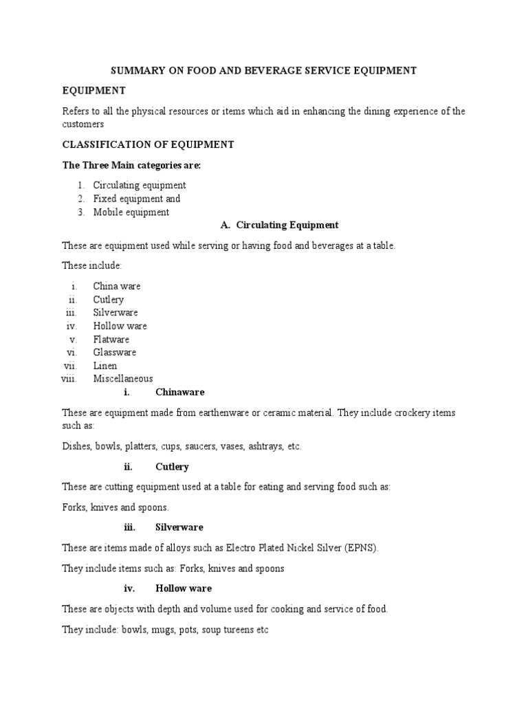 Summary On Food and Beverage Service Equipment PDF