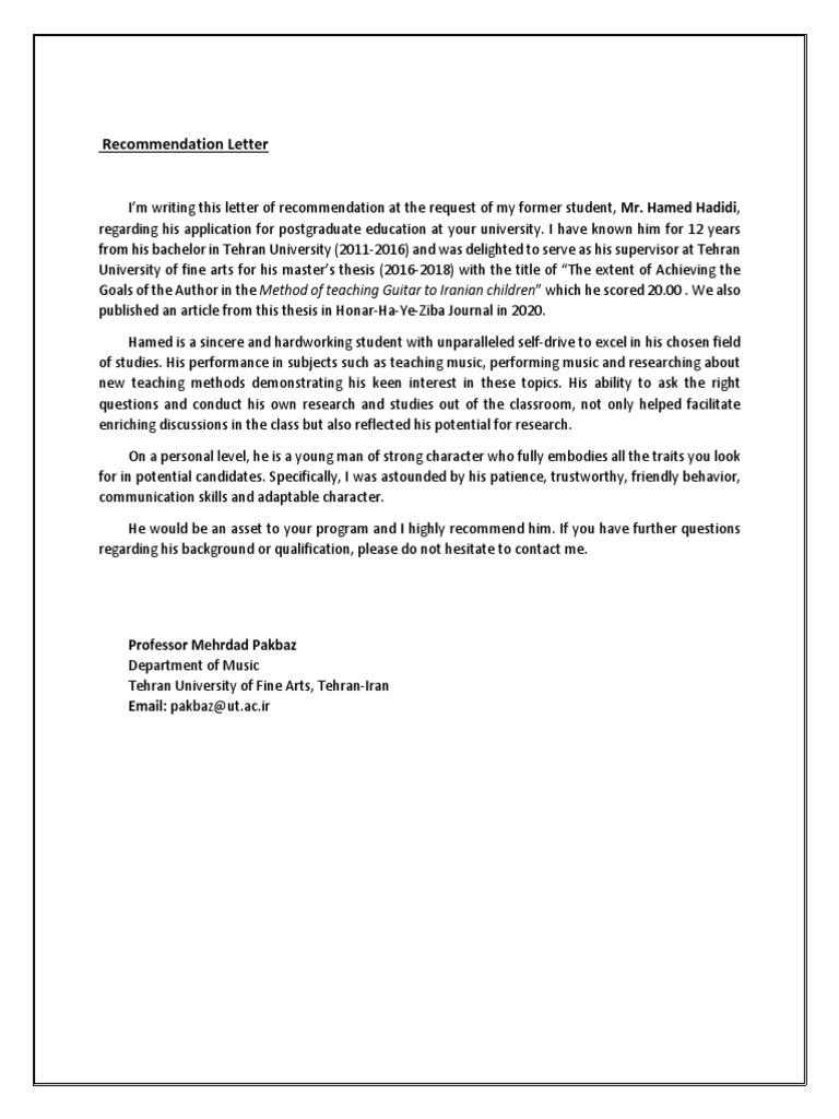 Recommendation Letter Hamed Hadidi Pdf
