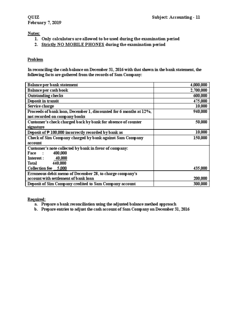 Bank Reconciliation for Sam Company | PDF