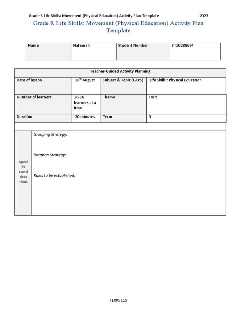ICE Task 1 Example Grade R Life Skills Movement Activity Plan Template