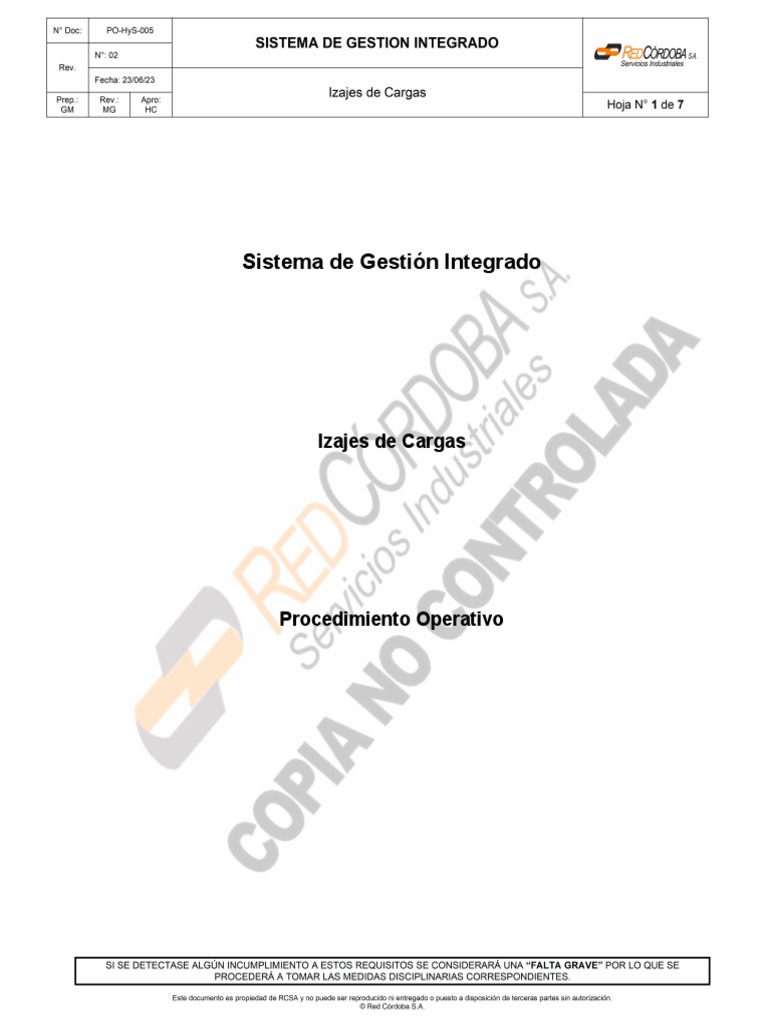 Procedimiento de Izaje de Cargas | PDF | Planificación | Grúa (máquina)
