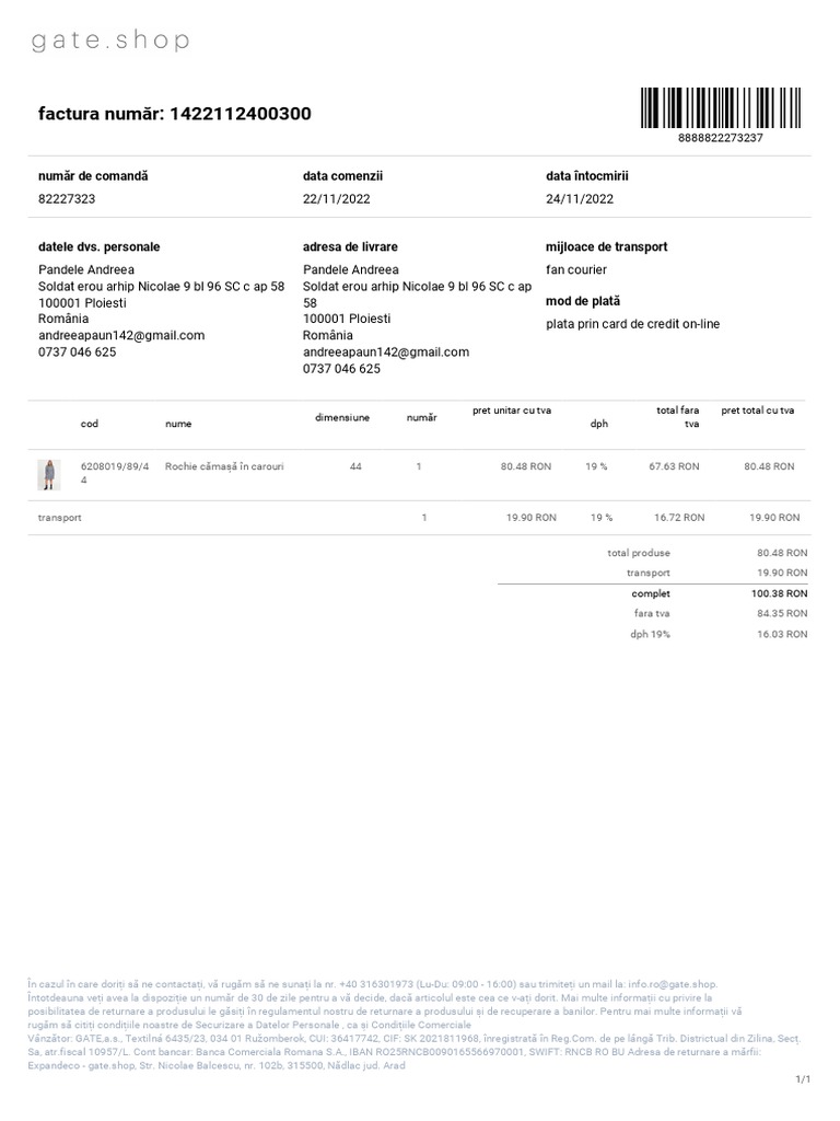 Factura Număr: 1422112400300: Număr de Comandă Data Comenzii Data ...