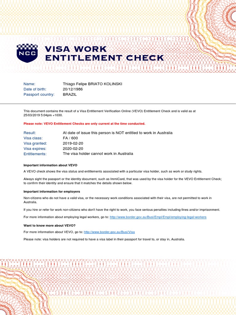 VEVO Visa Entitlement Check Results | PDF | Finance & Money Management