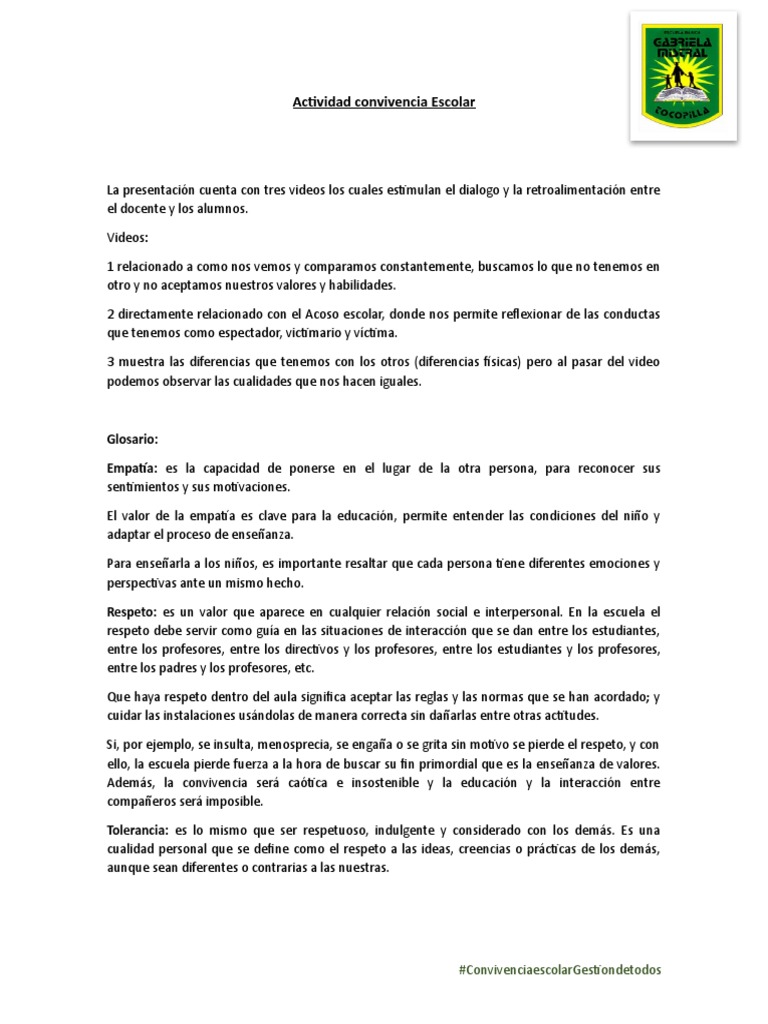 Actividad Convivencia Escolar Pdf Inclusión Educación Aprendizaje