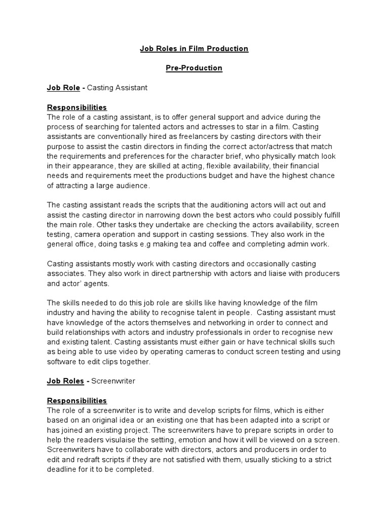 Job Roles in Film Production | PDF | Filmmaking