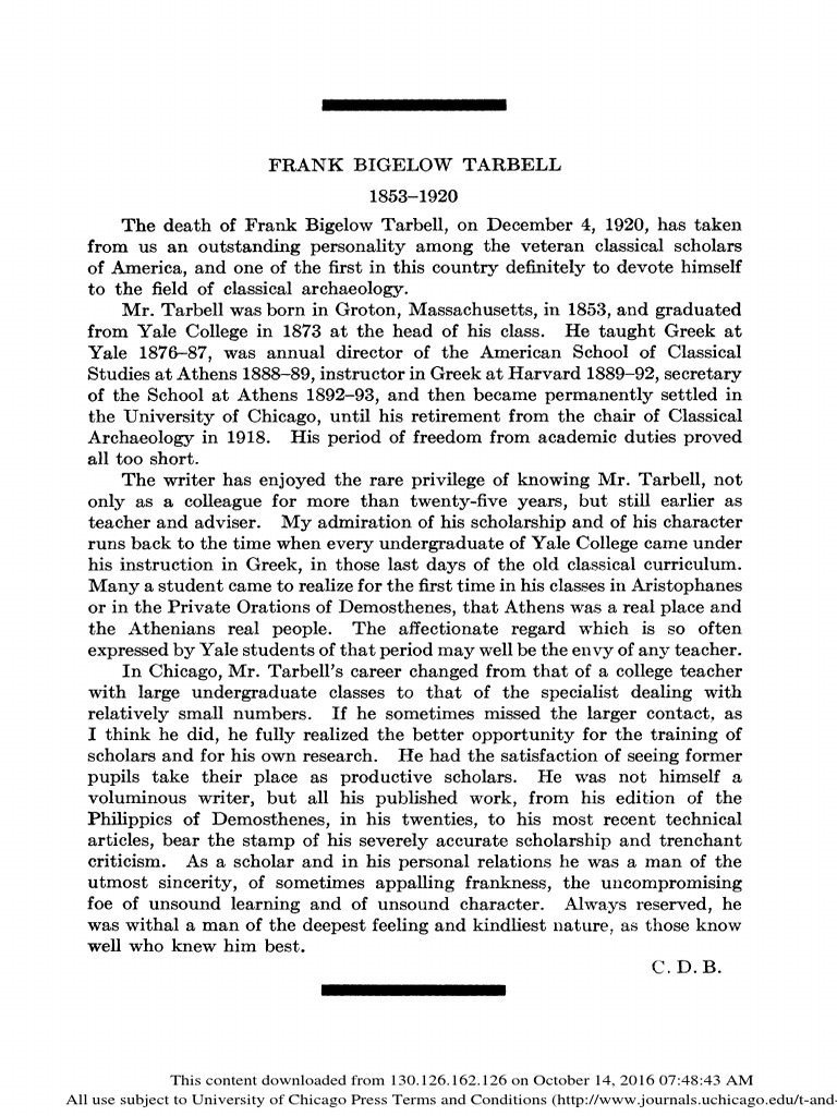 Frank Bigelow Tarbell 18531920 (Classical Philology, 16 (1) ) PDF