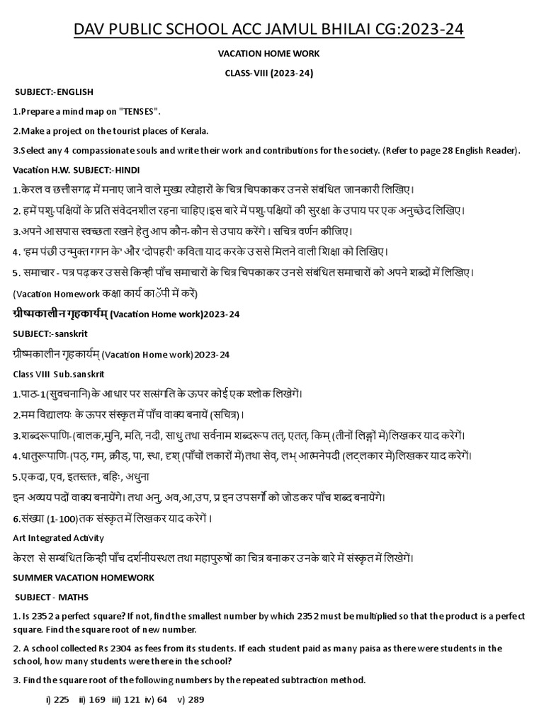 VACATION HOMEWORK 202324 PDF