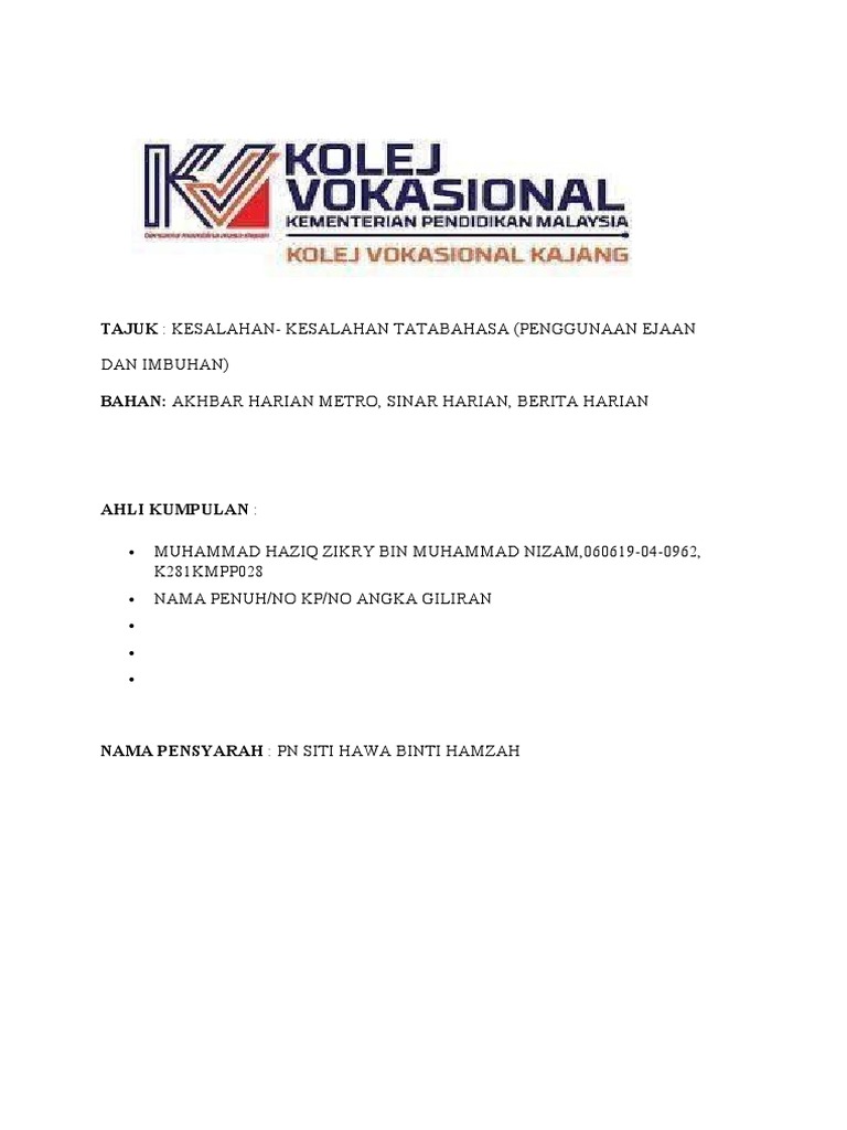 Contoh pb kajian kes kesalahan tatabahasa penggunaan ejaan dan