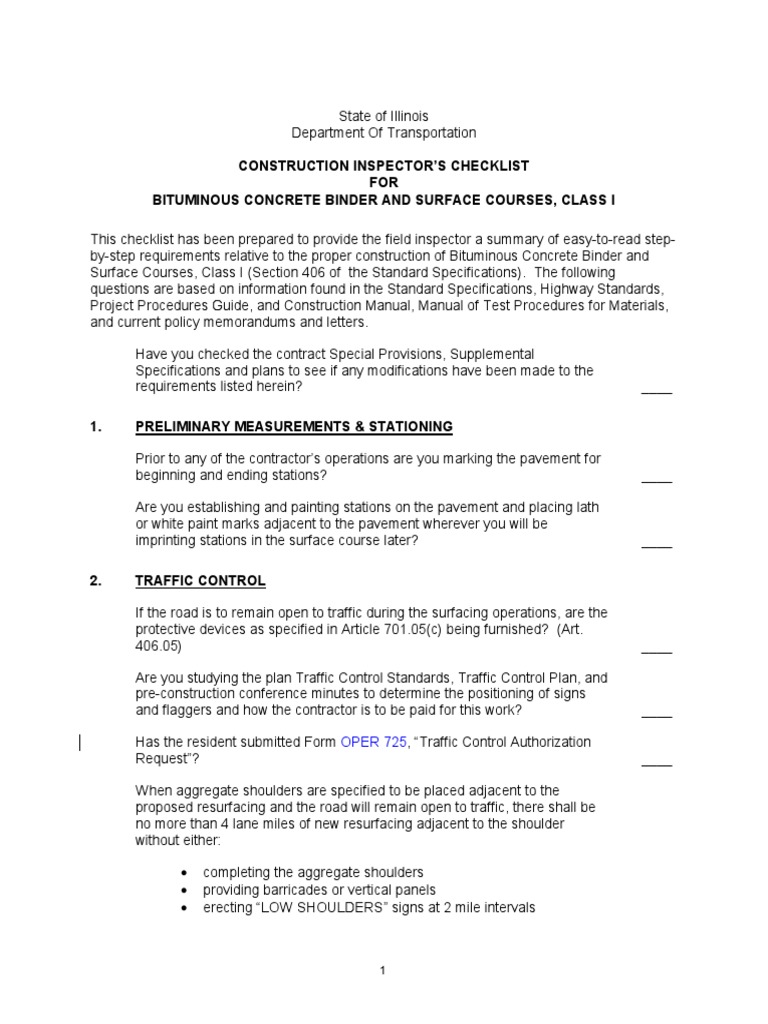 Bituminous Concrete Construction Checklist | PDF | Road Surface | Concrete