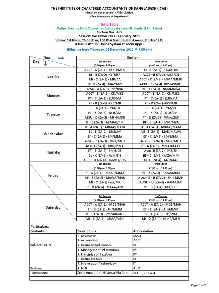 ICAB Evening Shift Class Schedule | PDF | Bangladesh