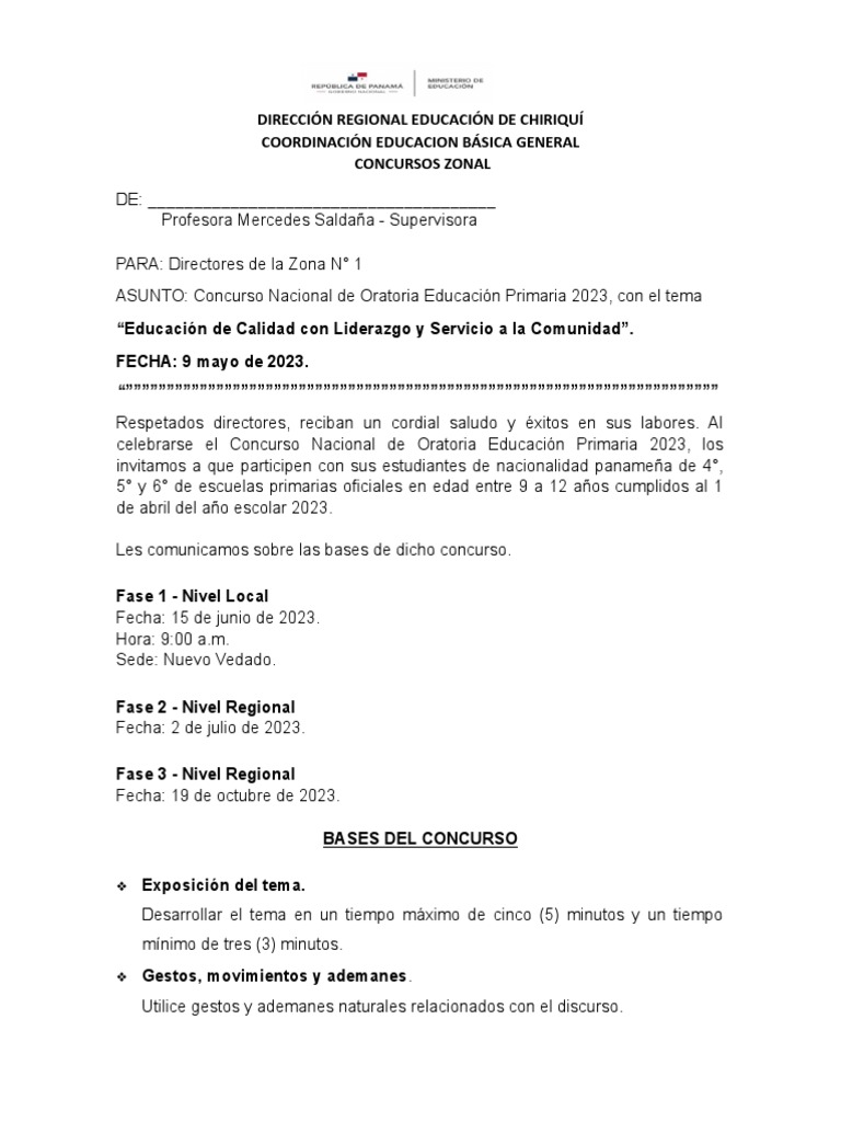 Concurso de Oratoria Primaria 2023 | PDF | Educación primaria | Hablar ...