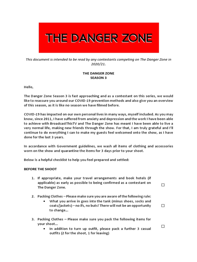 The Danger Zone S3 Contestant Checklist PDF Clothing