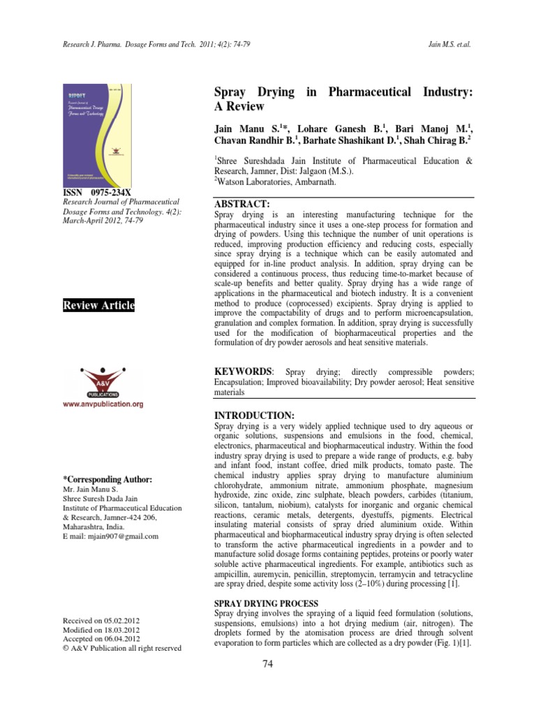 Spray Drying in Pharma Industry PDF Tablet (Pharmacy) Physical