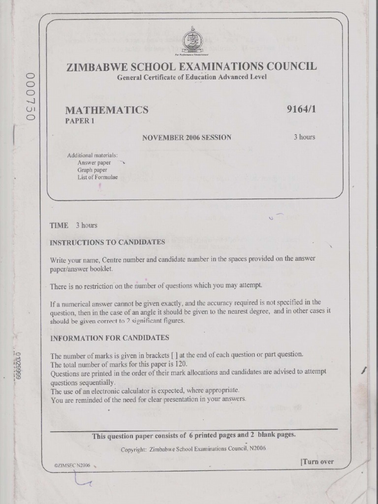 Zimsec a Level Mathematics Paper 1 November 2006 MxUfuYq6Dp1juobX i8 | PDF