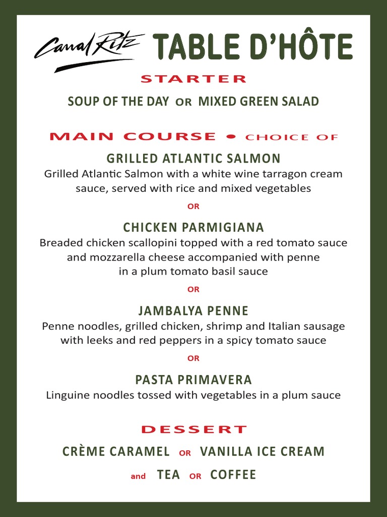 Canal Ritz Menu Overview | PDF