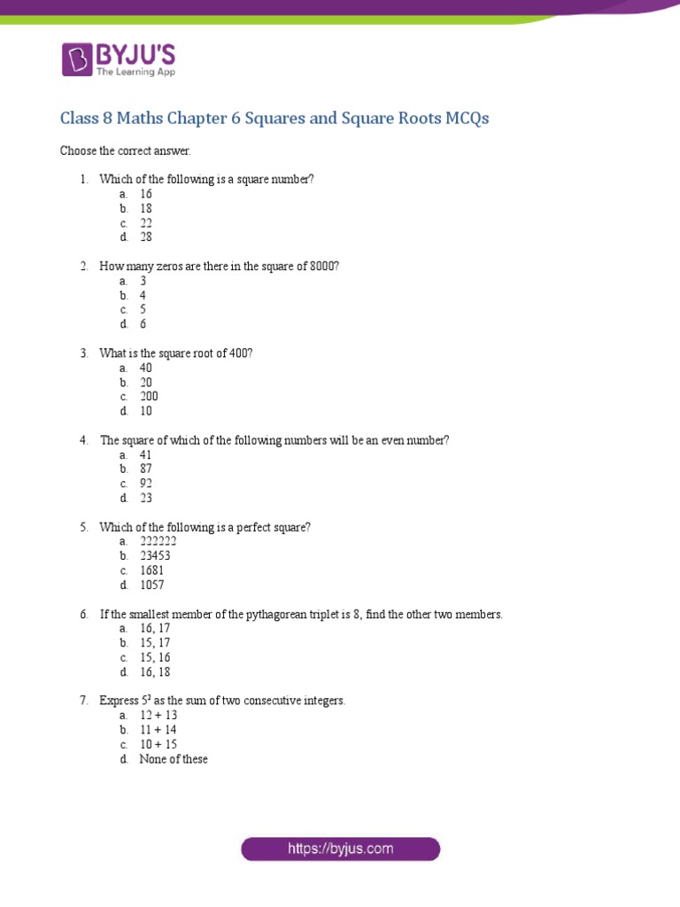 Class 8 MCQs on Squares & Square Roots | PDF | Science & Mathematics ...