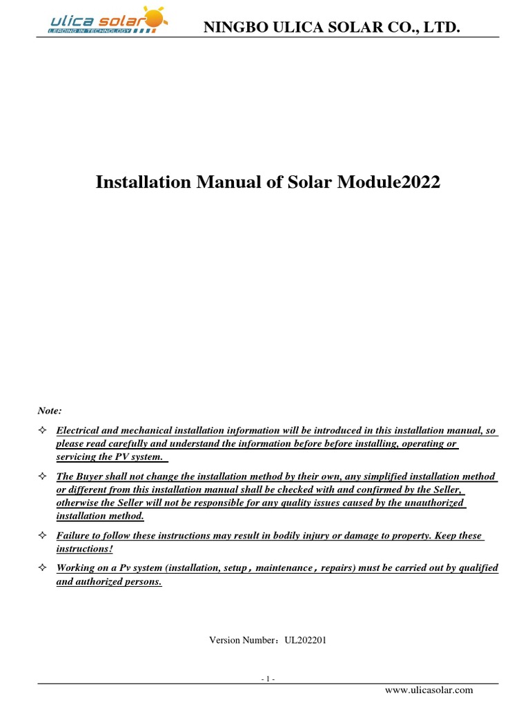 Ulica Solar Module Installation Manual | PDF | Photovoltaics ...