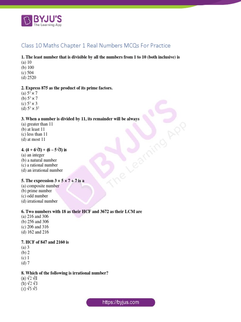 Class 10 maths chapter 1 real numbers mcqs for practice pdf