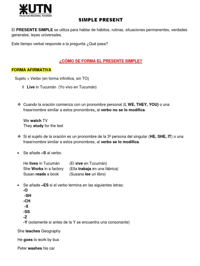Guía Completa del Presente Simple en Inglés | PDF | Verbo | Asunto ...