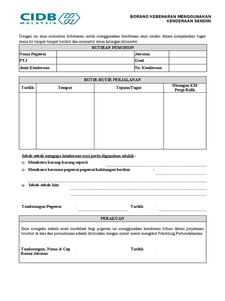 Borang Kebenaran Menggunakan Kenderaan Sendiri | PDF