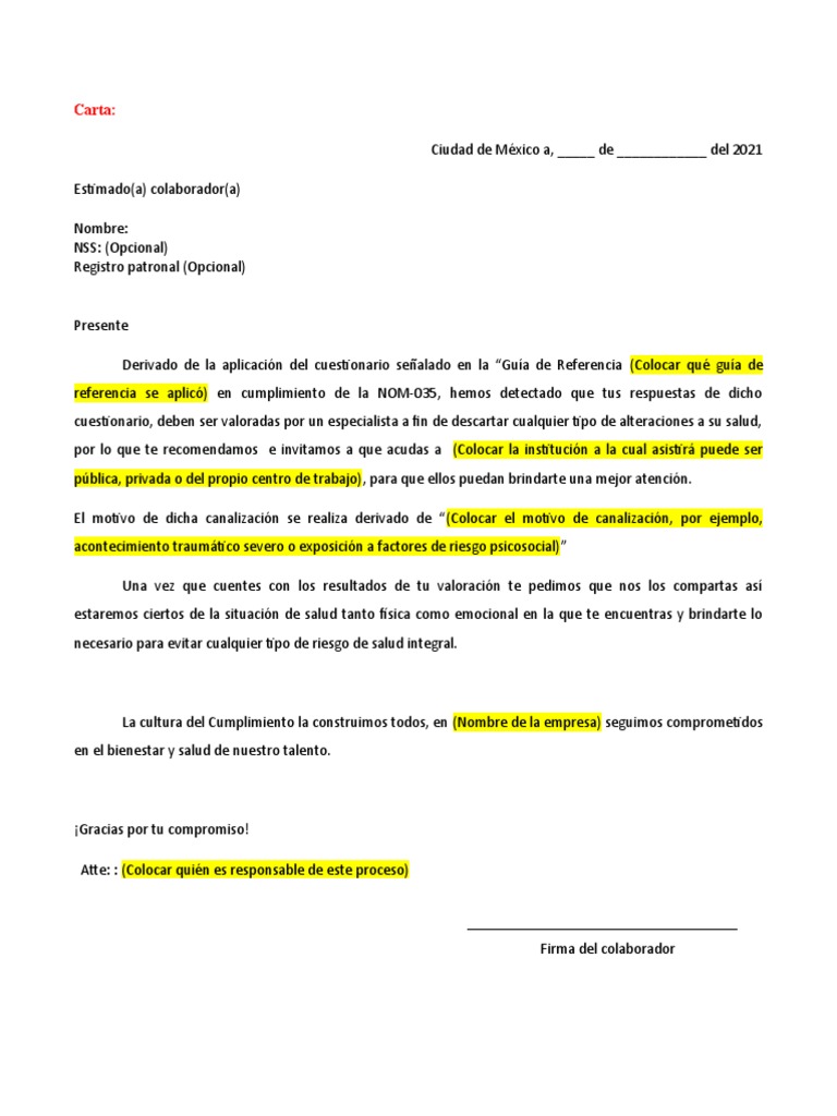 Carta de Canalización Psicológica NOM-035 | PDF