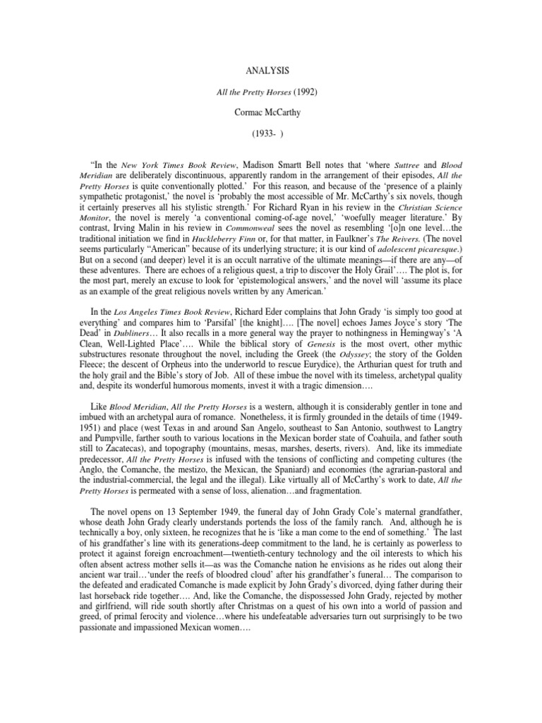 All the Pretty Horses A Thematic Analysis PDF General Fiction