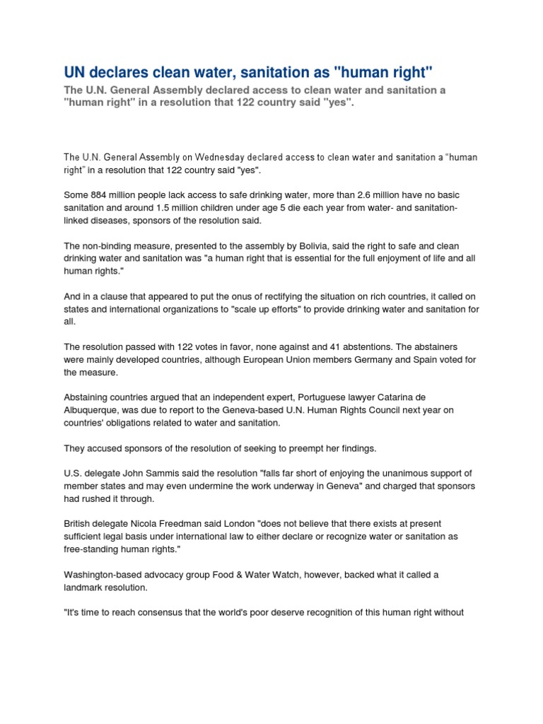 UN Declares Clean Water a Human Right | PDF