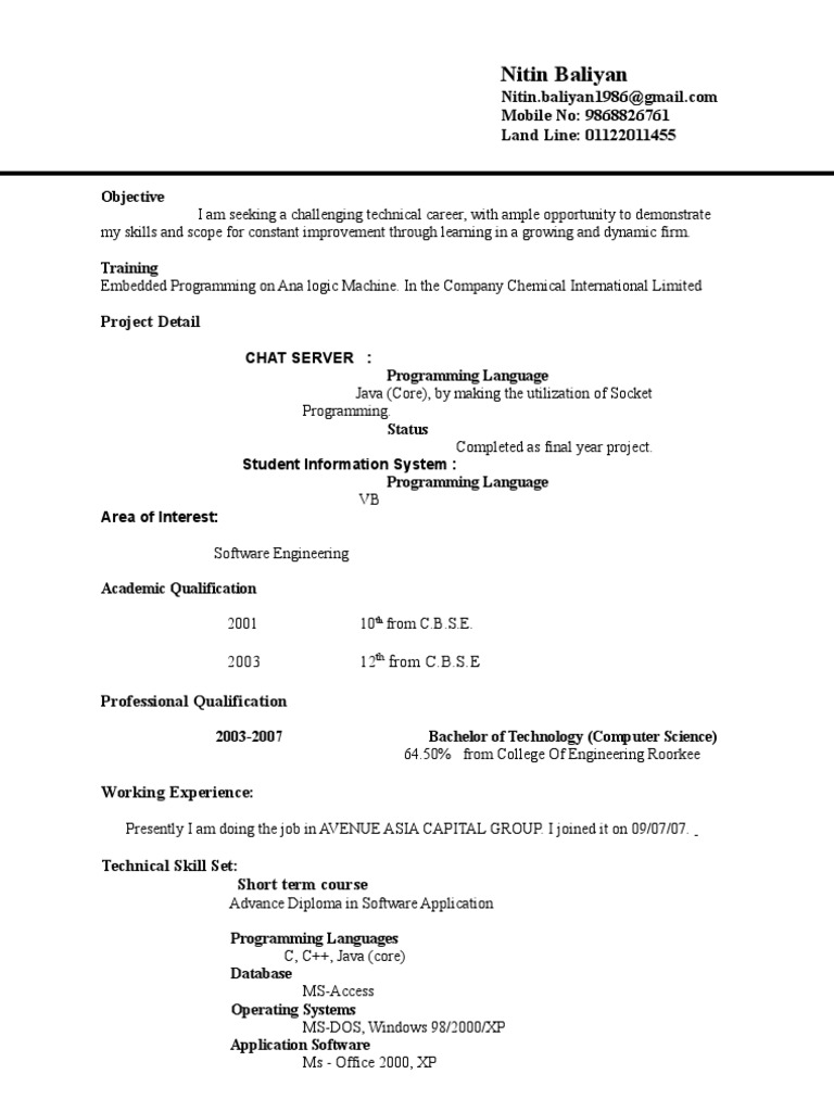 Technical Career Resume: Nitin Baliyan | PDF | College | Windows Xp