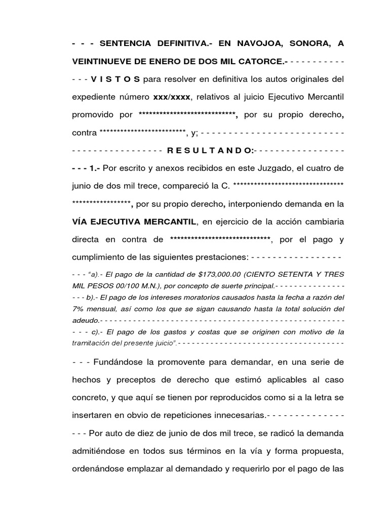Sentencia Ejecutivo Mercantil Navojoa 28012014 | PDF | Instrumento