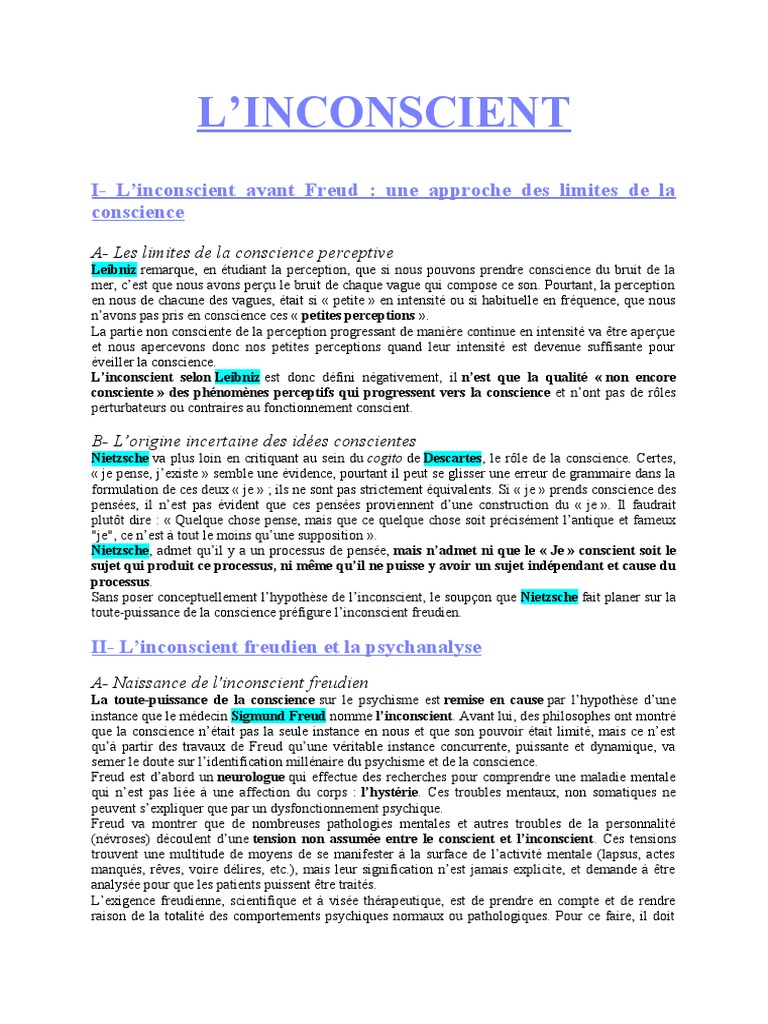 L'INCONSCIENT | PDF | Psychanalyse | Sigmund Freud
