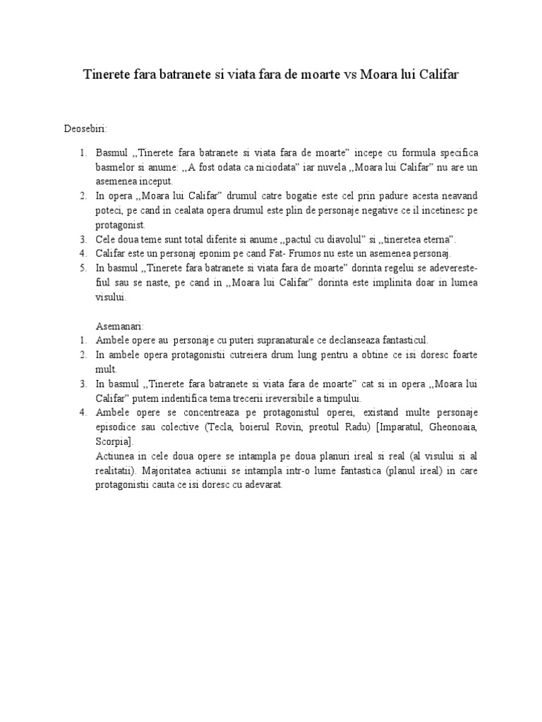 Tinerete Fara Batranete Si Viata Fara de Moarte Vs Moara Lui Califar | PDF
