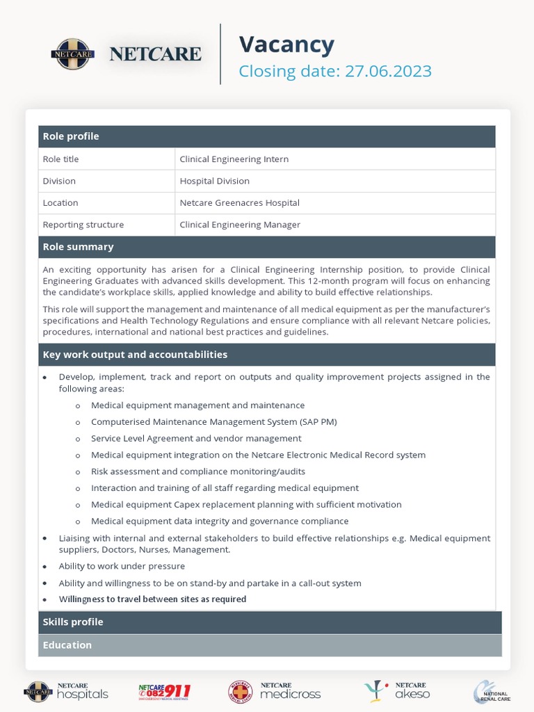 Ce Intern Netcare Greenacres Hospital | PDF | Medical Device | Engineering